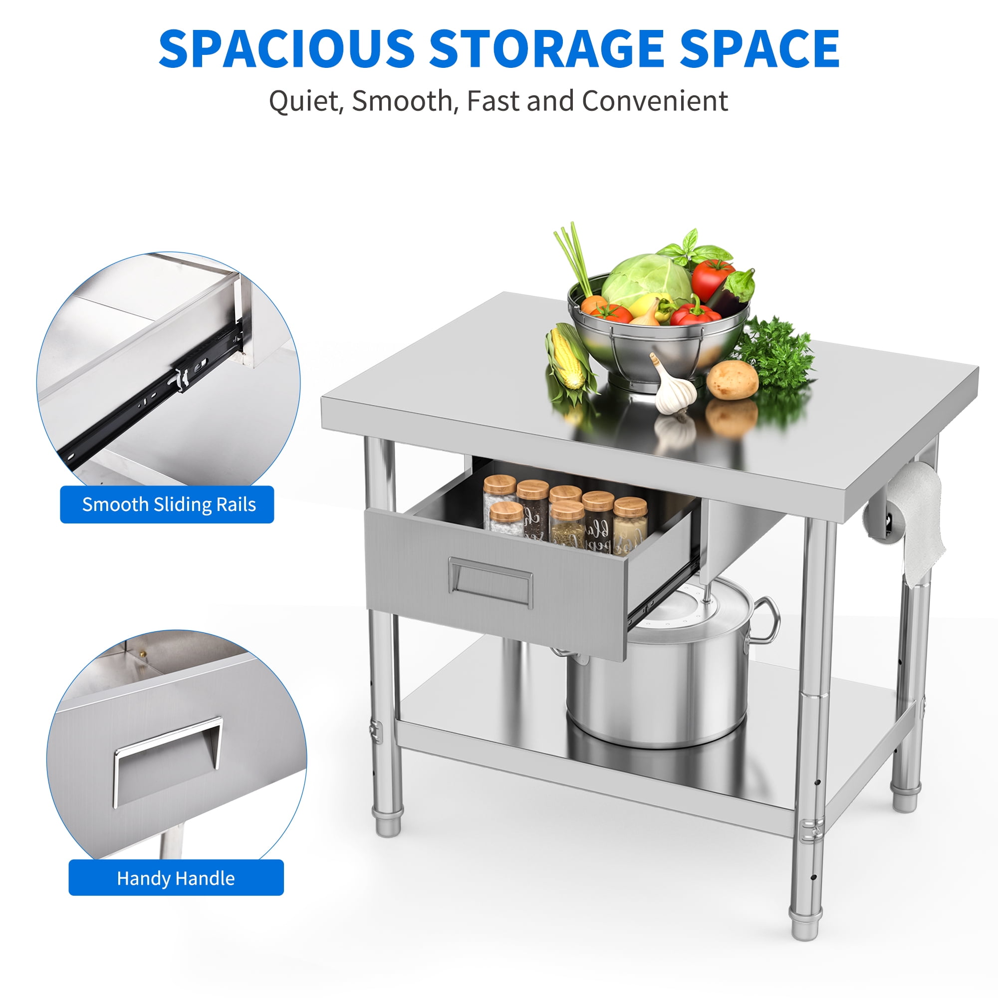 Dextrus 48" × 24" Stainless Steel Table with 2 Drawers, Work Table with Drawer