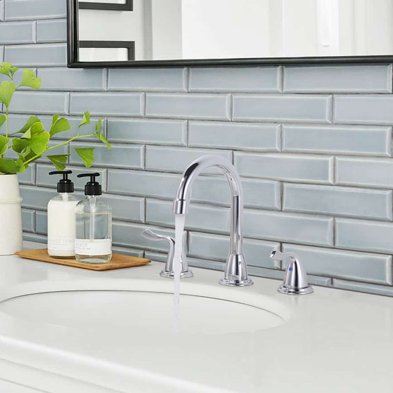 WOWOW 8 Inch Widespread Bathroom Faucet 3 Hole, Chrome Bathroom Faucet, Bathroom Sink Faucet with Pop Up Drain and Supply Lines