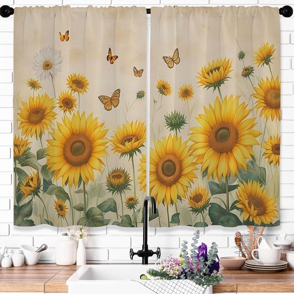 Vintage Sunflower Kitchen Curtains Farmhouse Yellow Flower Small Short Cafe Curtain 36 Inch Length 2 Panels Butterfly Floral Retro Rustic Bedroom Bathroom Window Curtains Treatment Tiers