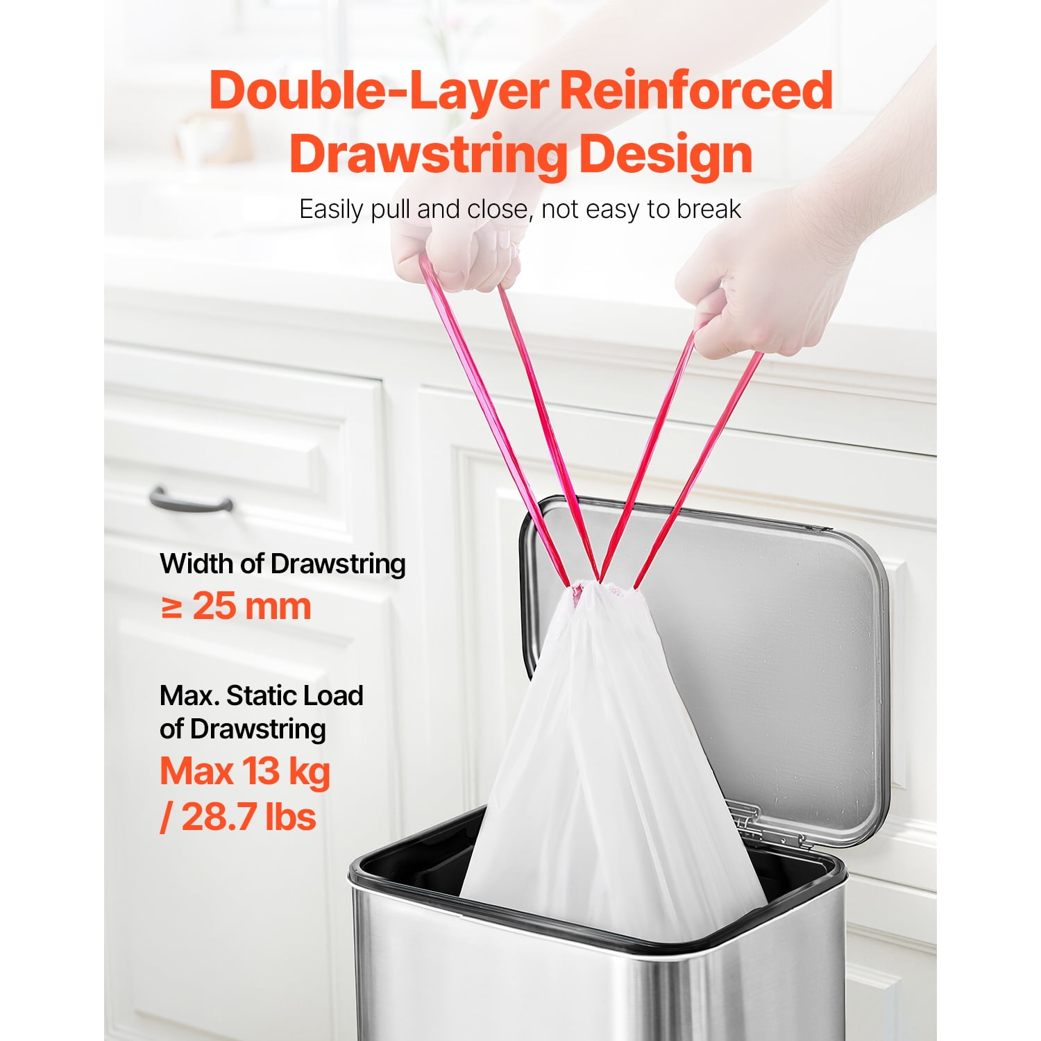 KFFKFF Drawstring Trash Bags, 13 Gallon 110 Count Tall Kitchen Bags, Thick Fresh Scent Garbage Bags, Recyclable Bin Bags with Drawstrings, for Home Kitchen, Office, RV, and Camping (White)