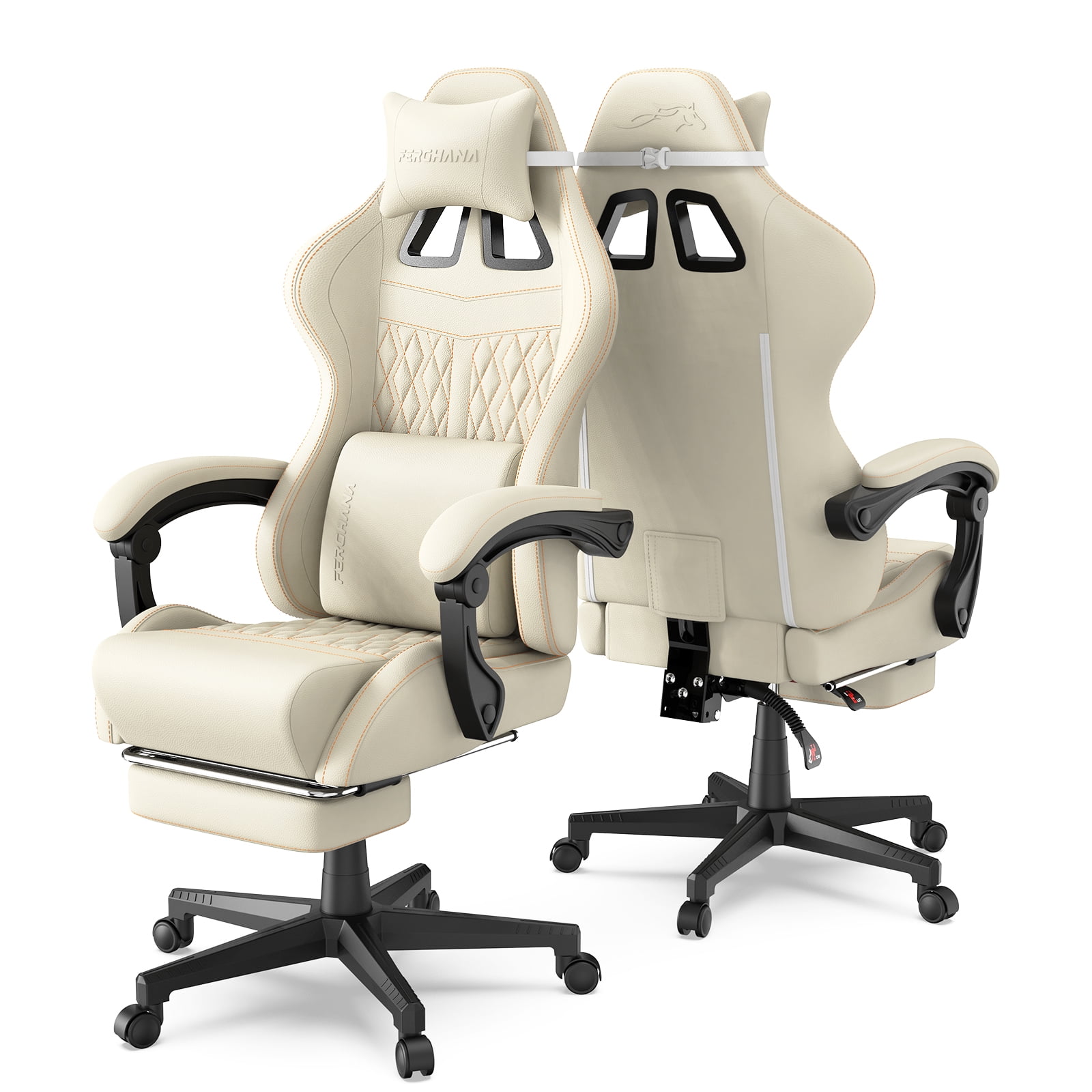 SOONTRANS Gaming Chair with Footrest, Computer Game Chair with Massage Lumbar Support & Headrest, High Back Vintage Office Game Chair for Adults, Beige
