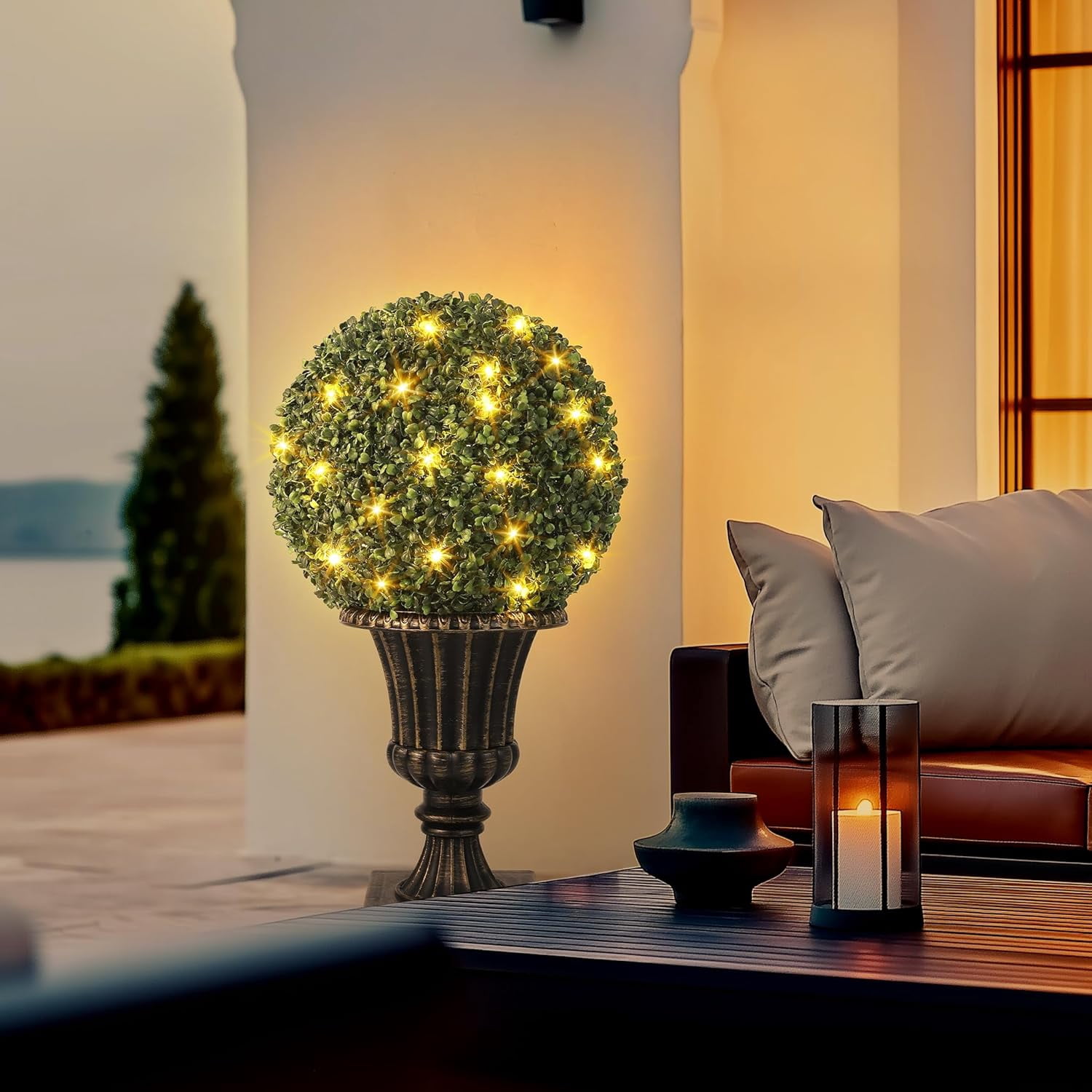 2 PCS 16 inch Artificial Plant Topiary Balls,Faux Boxwood Decorative Balls with Sturdy Pot Base,Pre-Lit Waterproof Fake Greenery Plants Ball for Backyard Garden Wedding Home Decor