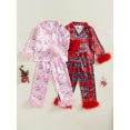 thumbnail image 3 of Toddler Baby Girl Satin Silk Christmas Pajamas Set Long Sleeve Feather Trim Shirt Long Pants 1-15 Years Kids Sleepwear Set, 3 of 7