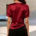thumbnail image 3 of cocolona Womens Summer Satin Tops V Neck Short Sleeve Drawstring Side Slim Fit Shirt Trendy Casual Solid Color Blouses, 3 of 5