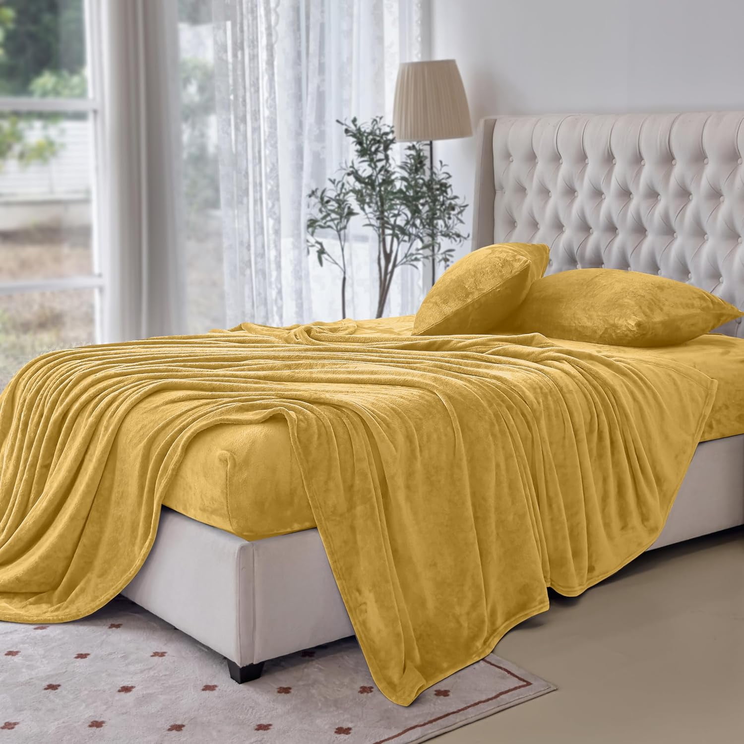 Non Pilling Fuzzy Velvet Flannel Fleece Deep Pocket Sheet Set - King, Gold