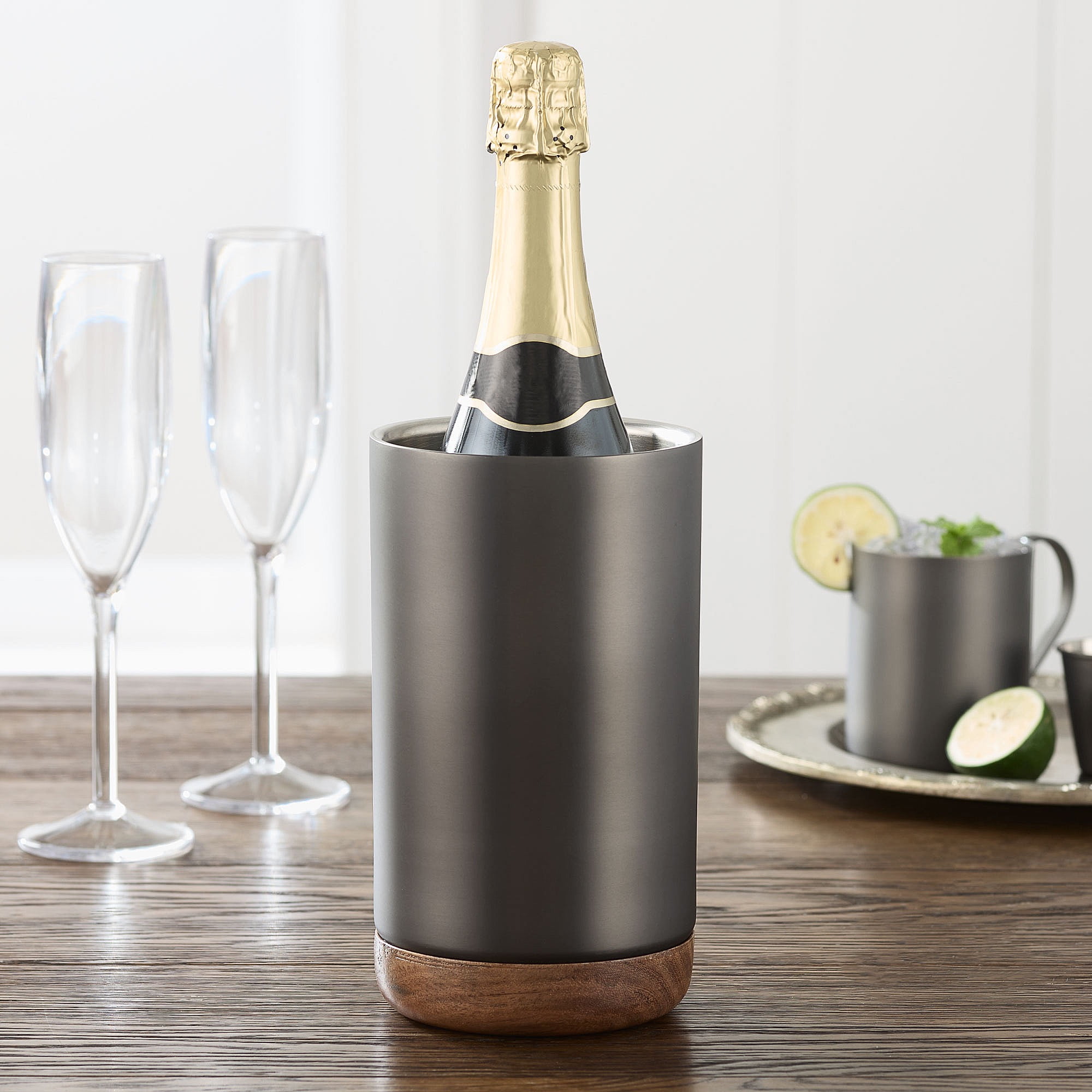 (2 pack) Better Homes & Gardens Double Walled Stainless Steel Wine Chiller with Acacia Wood base, Gun Metal