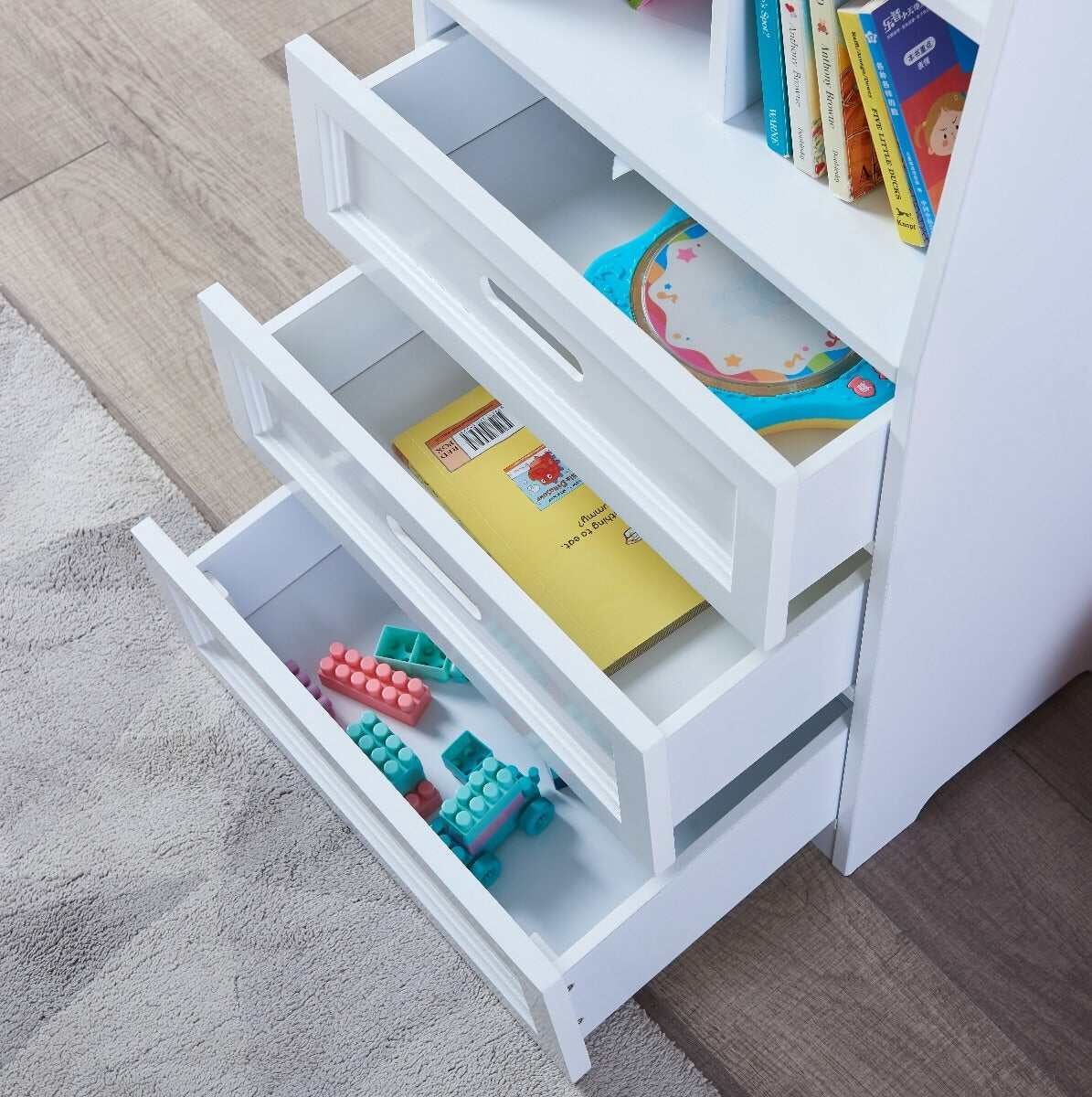 Kids Furniture Kids Funnel White Bookcase Book Shelf Storage Unit with Book Display/Organizer Drawers - Classic White Color,Baby Furniture