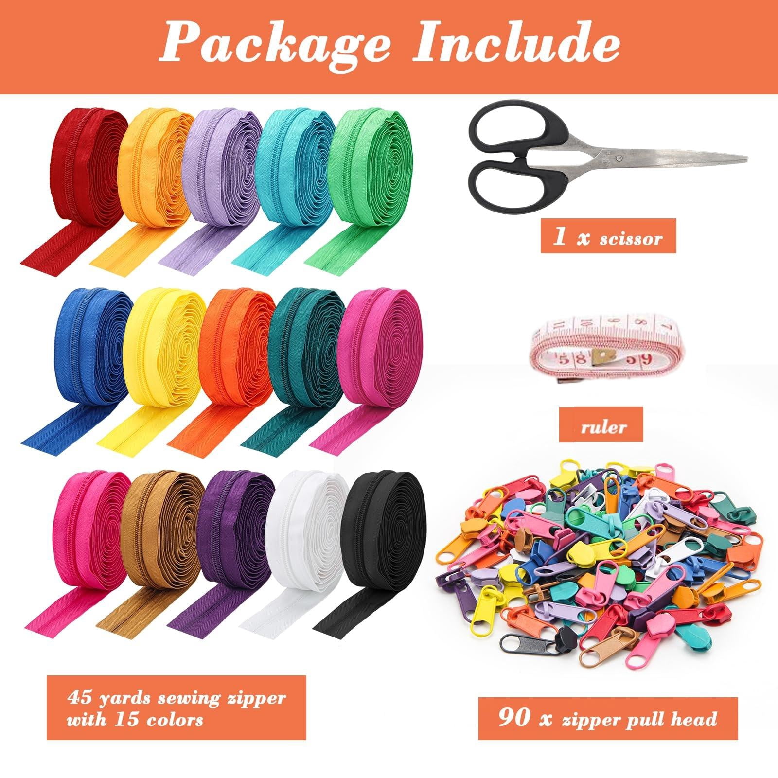45 yards 15 Colors #5 Nylon Coil Zippers with 90pcs Pull Heads, Scissor, Ruler, Assorted Lengths Sewing Zipper for DIY Sewing Crafts Zipper Tape for Clothes, Bag, Purse Making Supplies Kit