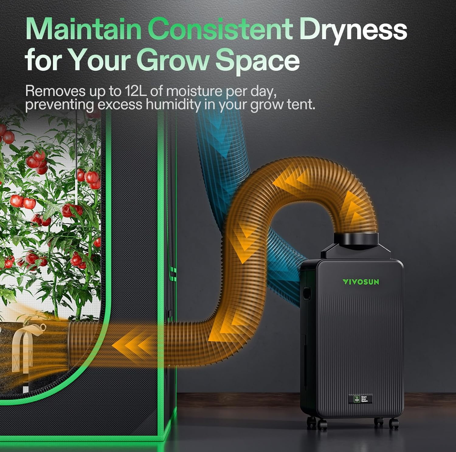 VIVOSUN AeroDrain D12 Smart Environmental Dehumidifier, up to 12L/day, 2L Water Tank, with Temperature & Humidity Sensor Probe, Smart Remote Control, Designed for Grow Tents