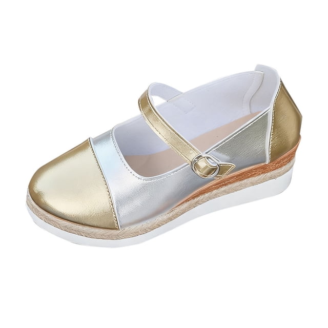 Silver Womens Wedge Shoes Slip On Round Toe Color Block Buckle Strap Jute Thick Sole Height Increasing Non-Slip Comfortable Footwear Size 40