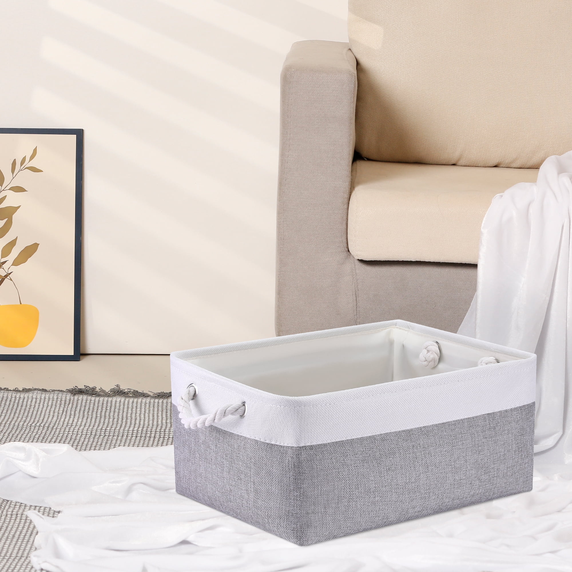 Unique Bargains Storage Bin with Handle Fabric Cube Grey/White 16*12.5*8in