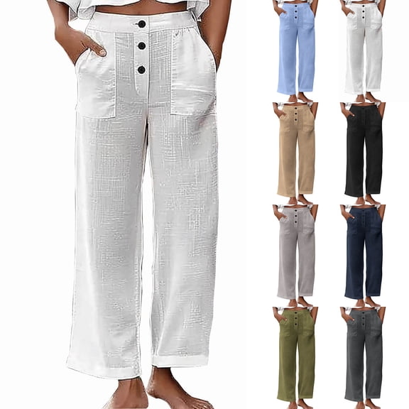 FRSASU Women's 100% Cotton High Waisted Wide Leg Palazzo Pants Casual Lounge Boho Flowy Pants with Pockets Navy-A