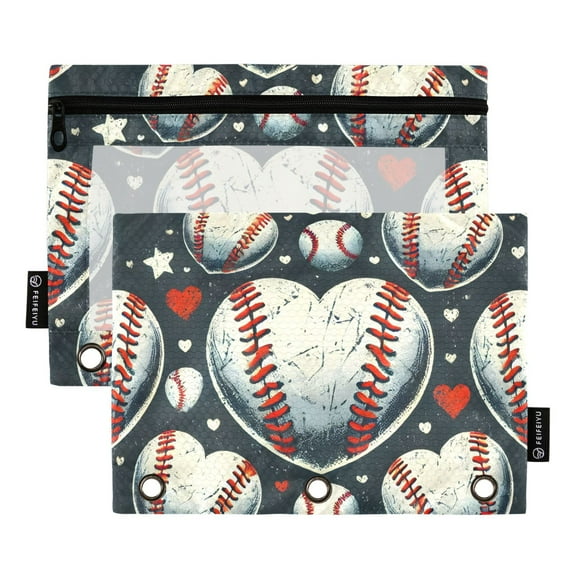 ALAZA 2 Pack Pencil Pouch Baseball Heart Shape Pencil Case for 3 Ring Binder Clear Window Pencil Bag Organizers
