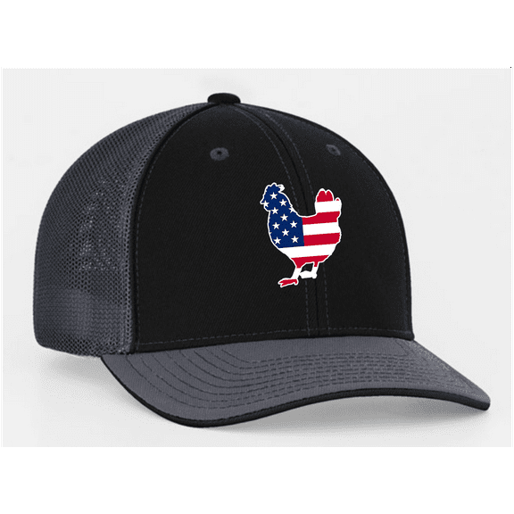 Heritage Pride Embroidered American Flag Filled Farm Animals Youth Children's Mesh Back Trucker Hat, Chicken, Charcoal/Black/Charcoal