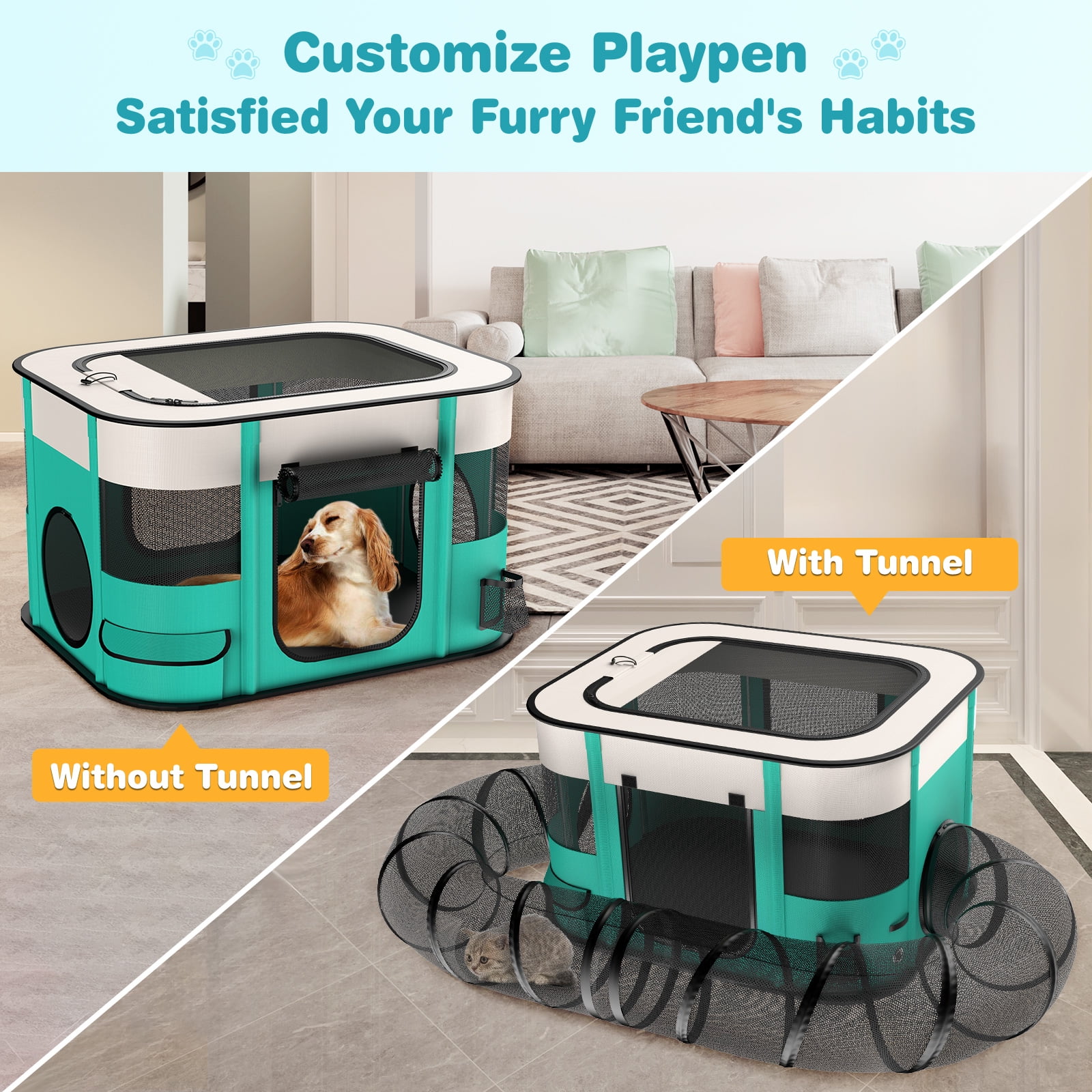 BEBANG Outdoor Cat Enclosure, Portable Dog Playpen with Removable Tunne, Indoor Outdoor Cat Kennel Tent Crate for Small Animals, L
