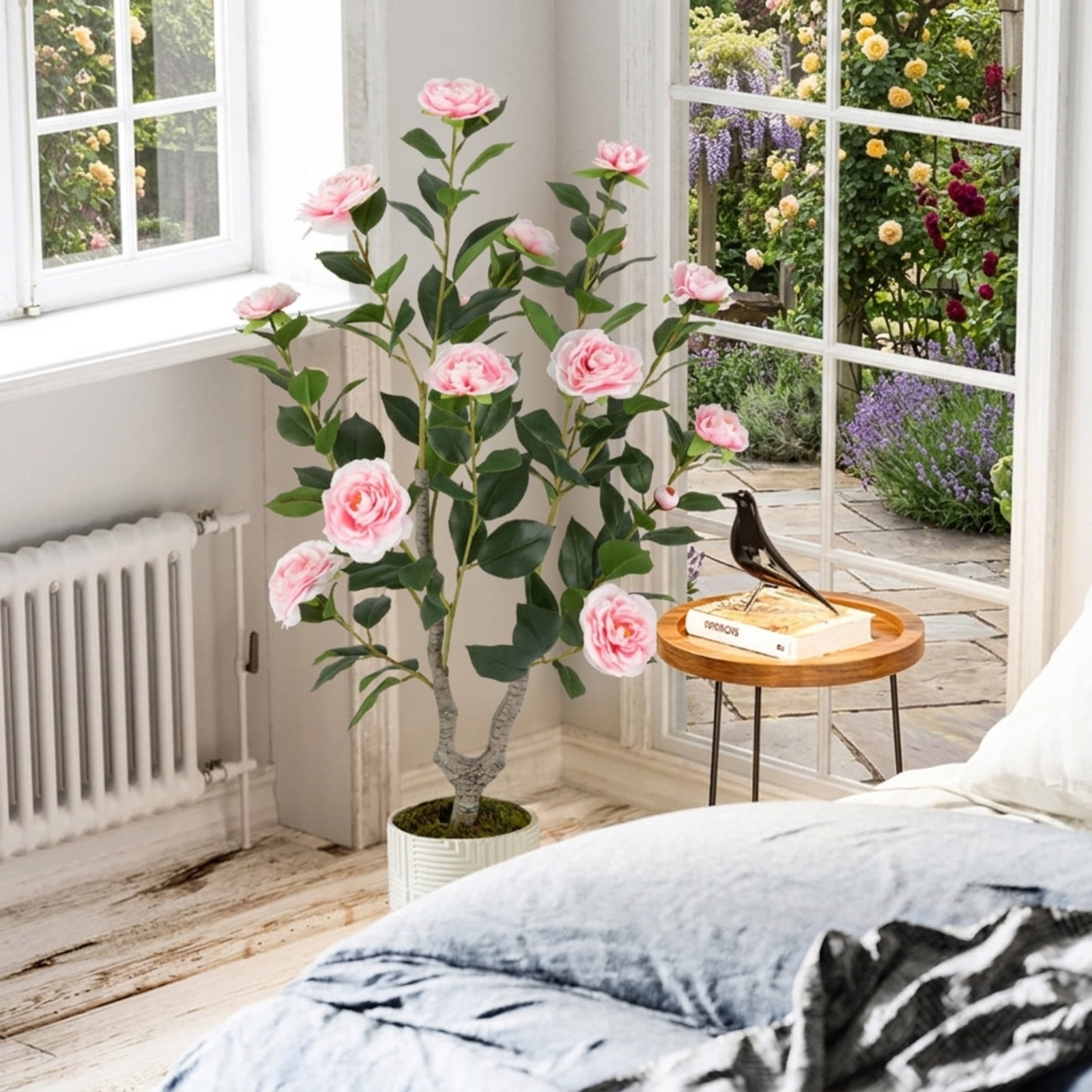 Vebreda Artificial Plant Decor, 36 Inch Artificial Camellia Tree with Blooming Flower 1 Pack, Vivid and Natural Appearance, Reliable Materials