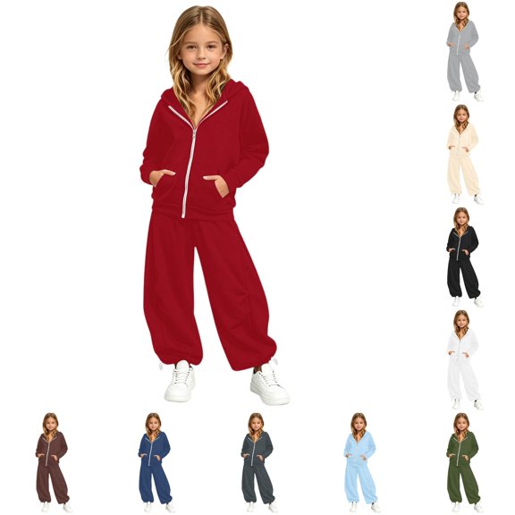 Afdoent Girls Sweatsuit Sets Stylish Solid Color Hoodie And Wide Leg Sweatpants Casual Two Piece Outfit For Everyday Play And Comfort 8-9 Years