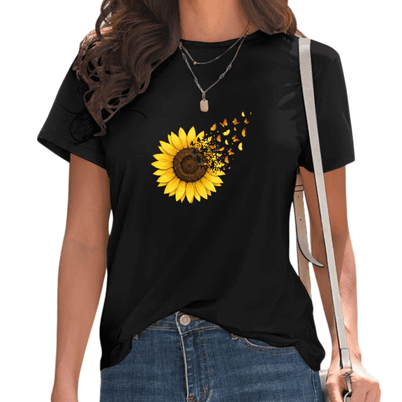 Women's Black Artistic Sunflower Butterfly Print T-Shirt Casual Short Sleeve Tees for Whimsical Sunflower Lover Tops S-5XL