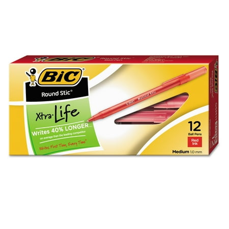 - (24 Pack) BIC Round Stic Xtra Life Ball Pen, Medium Point (1.0mm), Red, 12 Count