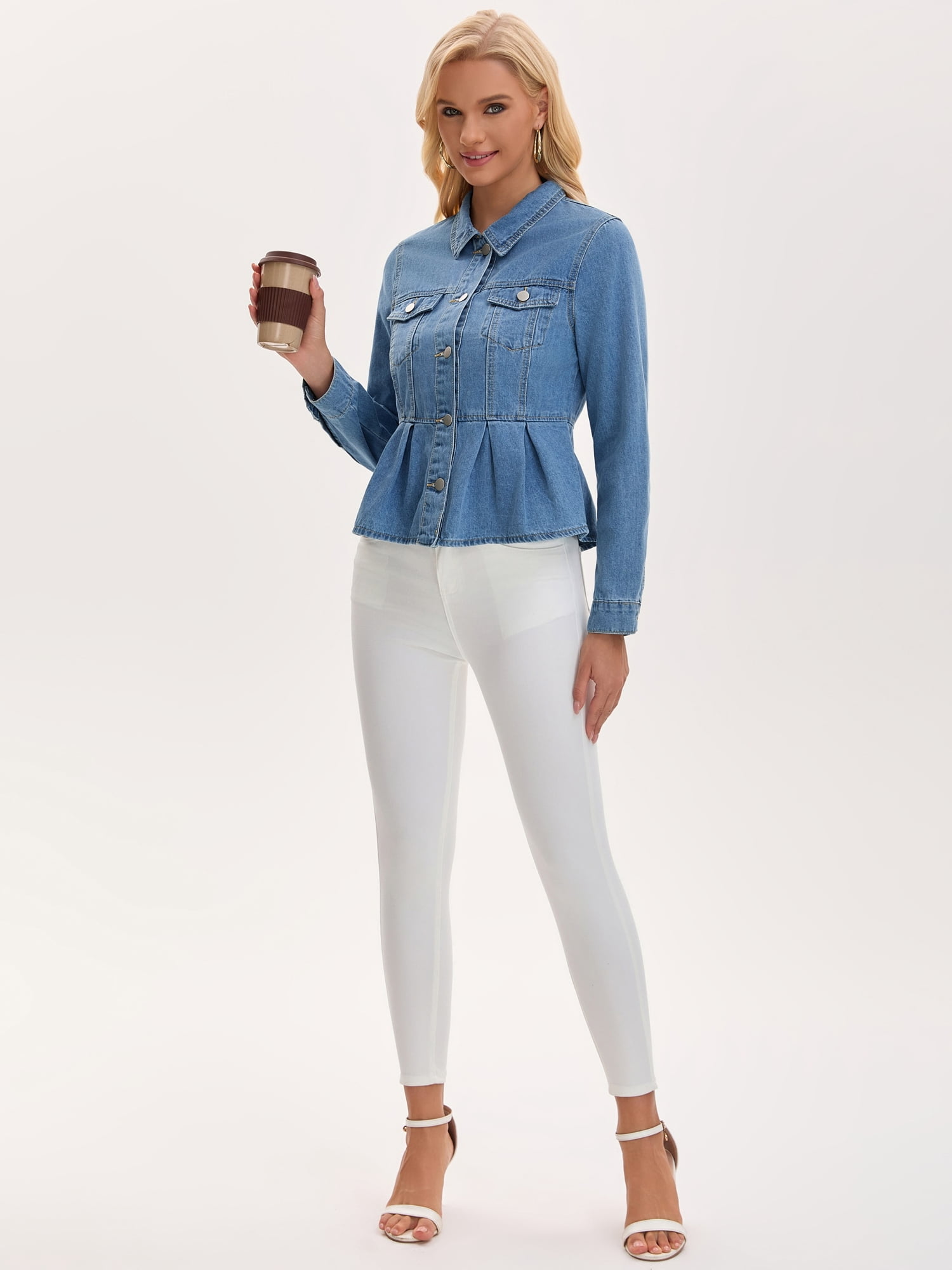 DARING DIVA Women's Button Down Collar Ruffle Hem Peplum Jean Jacket XL Light Blue