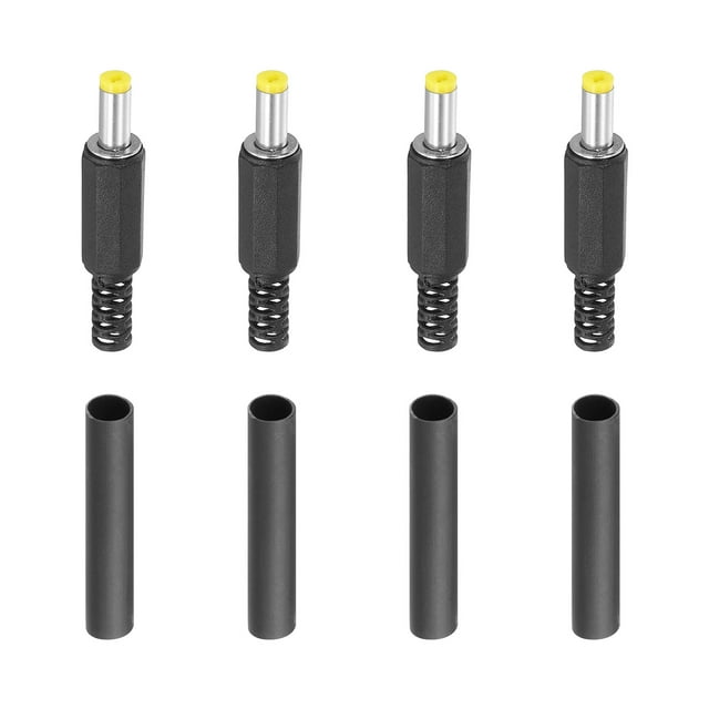 Conector macho DC Uxcell 4.8x1.7mm, paquete de 4, con conector de barril DC para bricolaje y tubo termorretráctil, amarillo