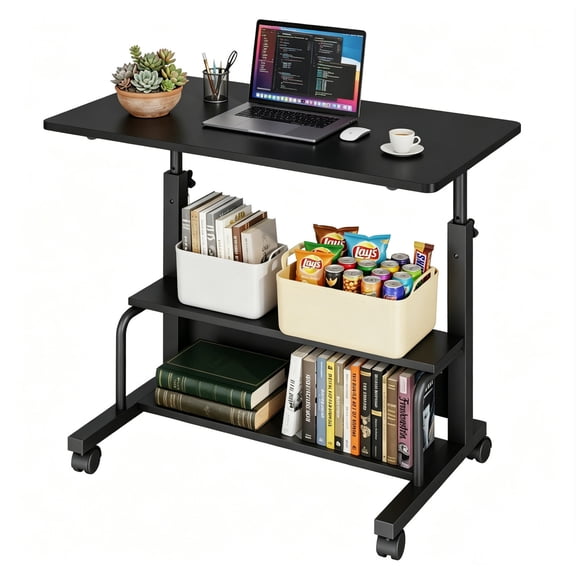 CONCETTA 31.5'' Adjustable Height Rolling Computer Desk with Storage Shelves, Portable Mobile Desk for Small Spaces Home Office, Black