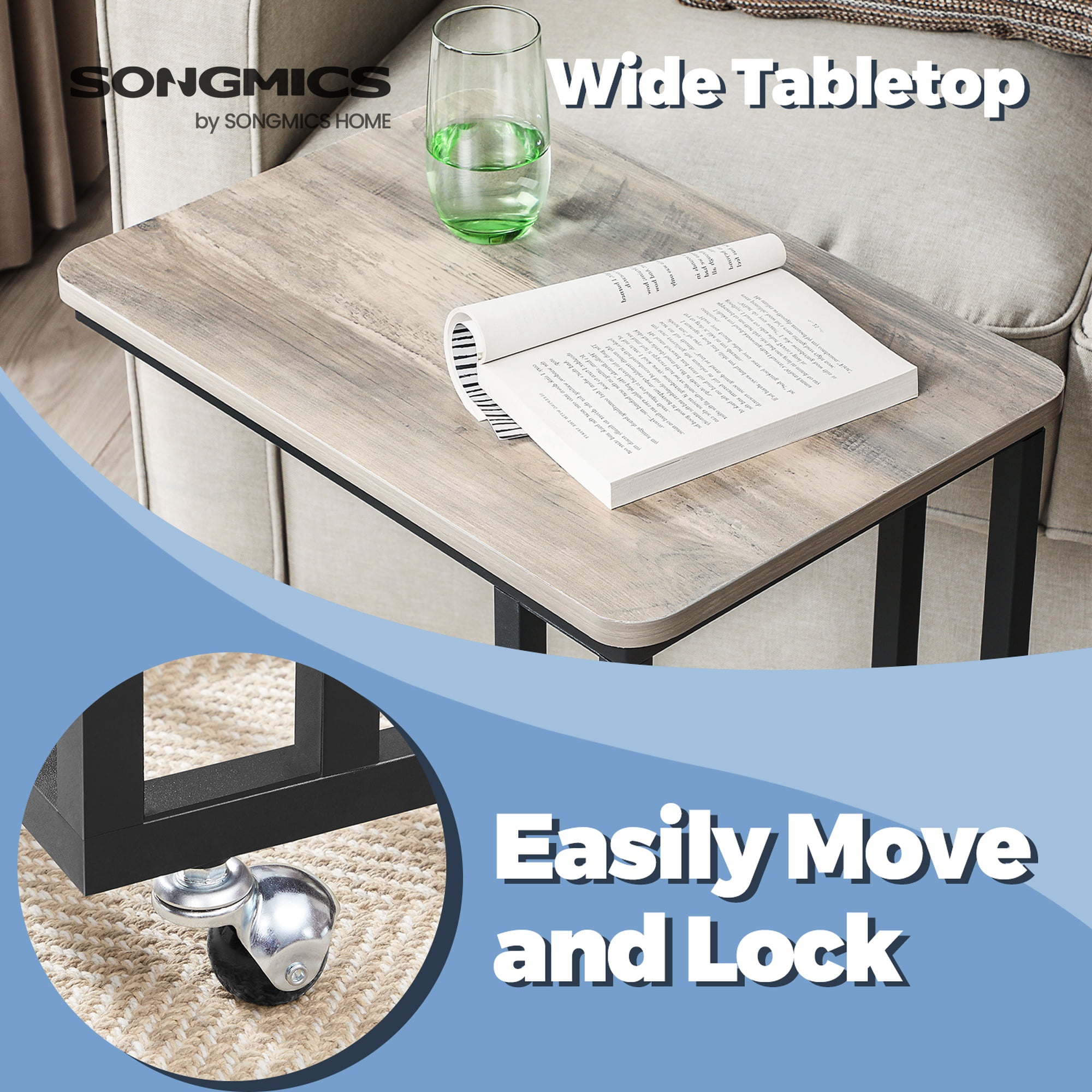 LEDREM C-Shaped End Table with Wheels, Industrial Rolling Side Table for Sofa & Bed, 23.6 Inch Mobile TV Tray, Greige & Black