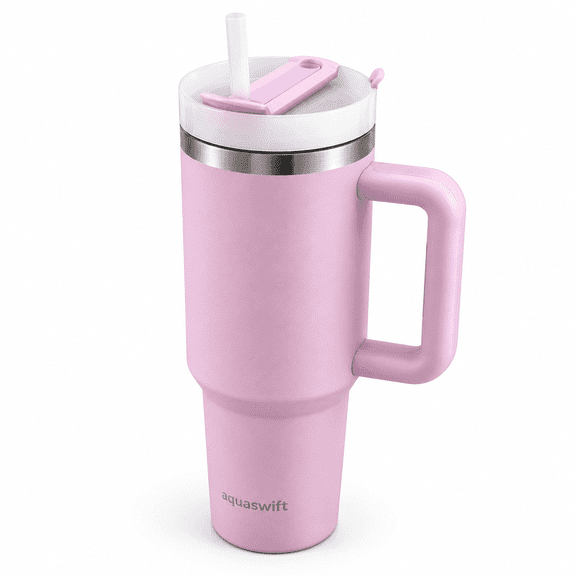 aquaswift wave 40 oz, Insulated Tumbler With Handle and Straw Lid, Stainless Steel Insulated Vacuum Reusable Travel Cup, Light Purple