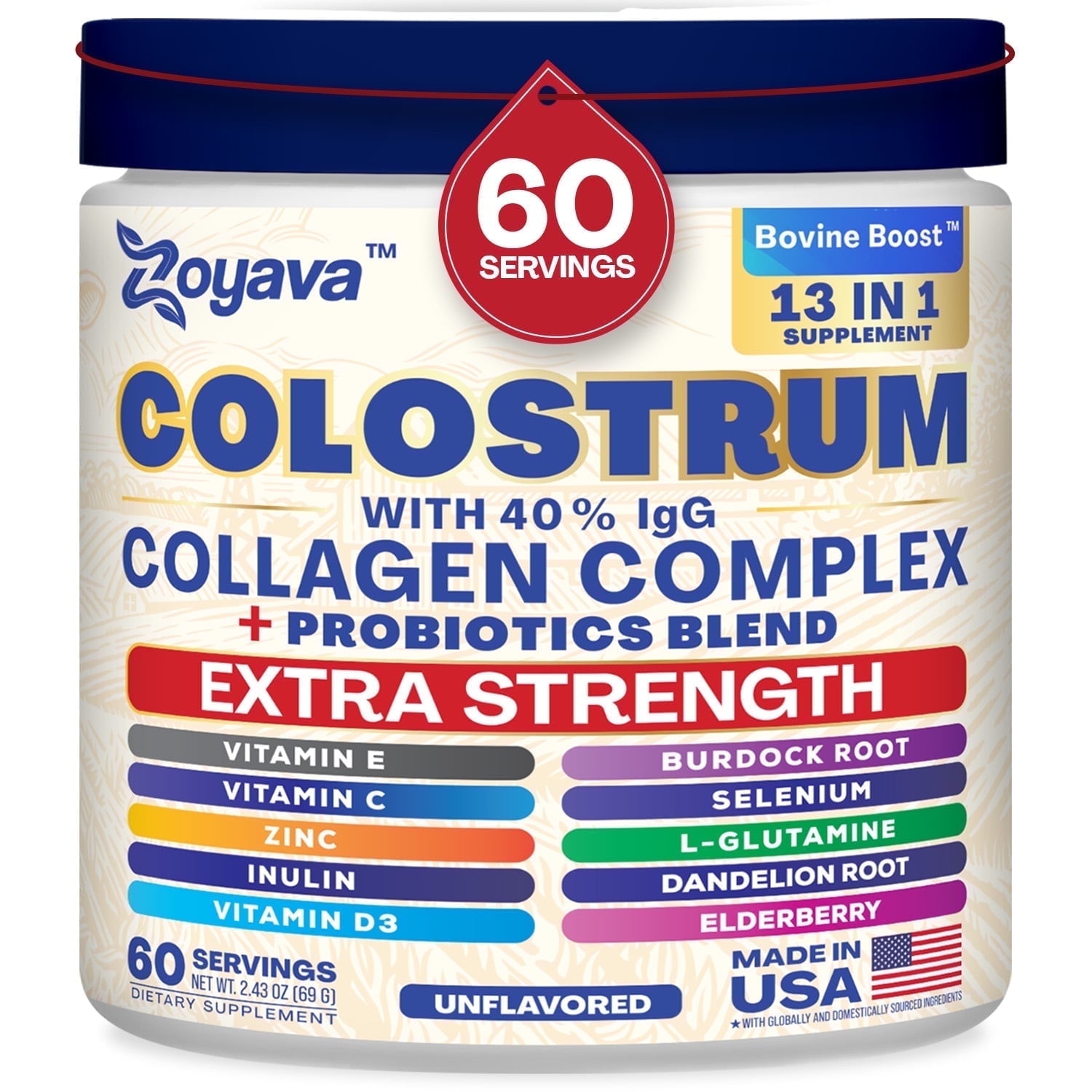Zoyava Colostrum Powder 40% IgG, 13-in-1 Supplement, Collagen, Probiotics, Elderberry, Zinc, Vitamin C & D3