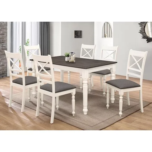 7 Piece Classic Dining Room Set, Two-Tone Wood Dining Table, X-Back Side Chairs with Cushion, Ivory/Gray
