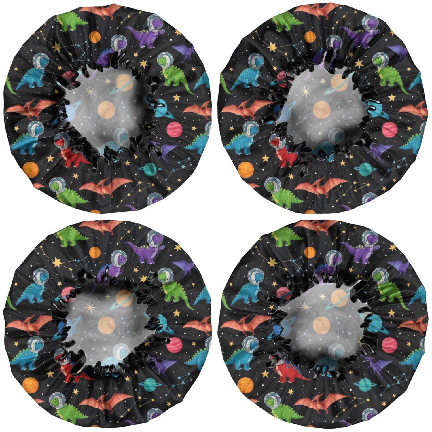 Shower Caps,Black Cartoon Space Dinosaurs Pattern Waterproof Shower Cap for Women 4 Pieces,Double Reusable Hair Cover for Shower PEVA Elastic Stretch Hem