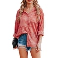 thumbnail image 1 of Women's Semi Sheer Chiffon Blouse Roll Up Long Sleeve Button Down Floral Textured Shirt Tops, Light Pink, Large, 1 of 5