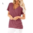 thumbnail image 1 of Camiseta de mujer con cuello en V, manga corta, botón superior, blusa fina de punto, rojo ladrillo, L sidaley AP001810-07, 1 of 7