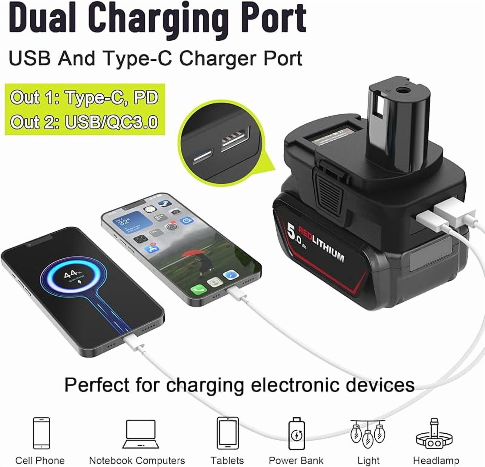DM18RL Battery Adapter Converter with USB & Type-C Port for Use with Ryobi 18V Lithium Battery Tools, Converts De*Walt 20V Li-ion or Mil*Wau*kee 18V Li-ion Battery to Ryobi 18V Li-ion Battery