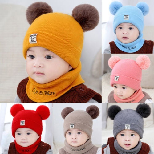 2PCS Newborn Baby Boy Girls Winter Warm Pom Bobble Knit Beanie Hat+Scarf Set New 