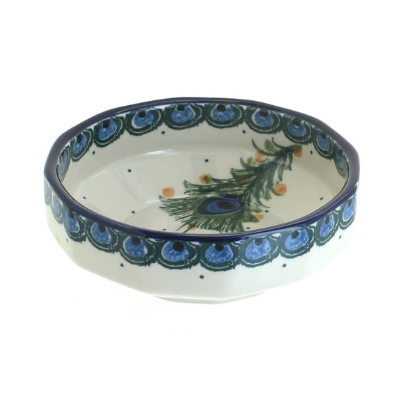 Blue Rose Polish Pottery Peacock Feather Small Angular Bowl