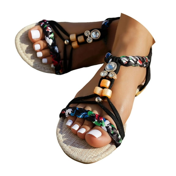 Mostsola Womens Sandals Open Toe Slingback Flats Summer Beach Shoes Braided Strap Beaded Sandals