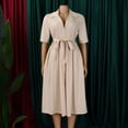 thumbnail image 4 of AURA Plus Size Suit Collar Swing Midi Dress Short Sleeve High Waist Belted Solid Color Summer, 4 of 10