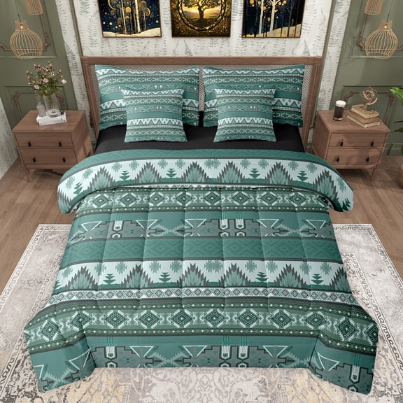 jejeloiu Rustic Western Aztec 7-Piece Twin Bedding Sets,Retro Bohemian Geometric Bedding Comforter Set,Green Vintage Triangle Rhombus Sheet Sets For Men Women,Home Decor Reversible