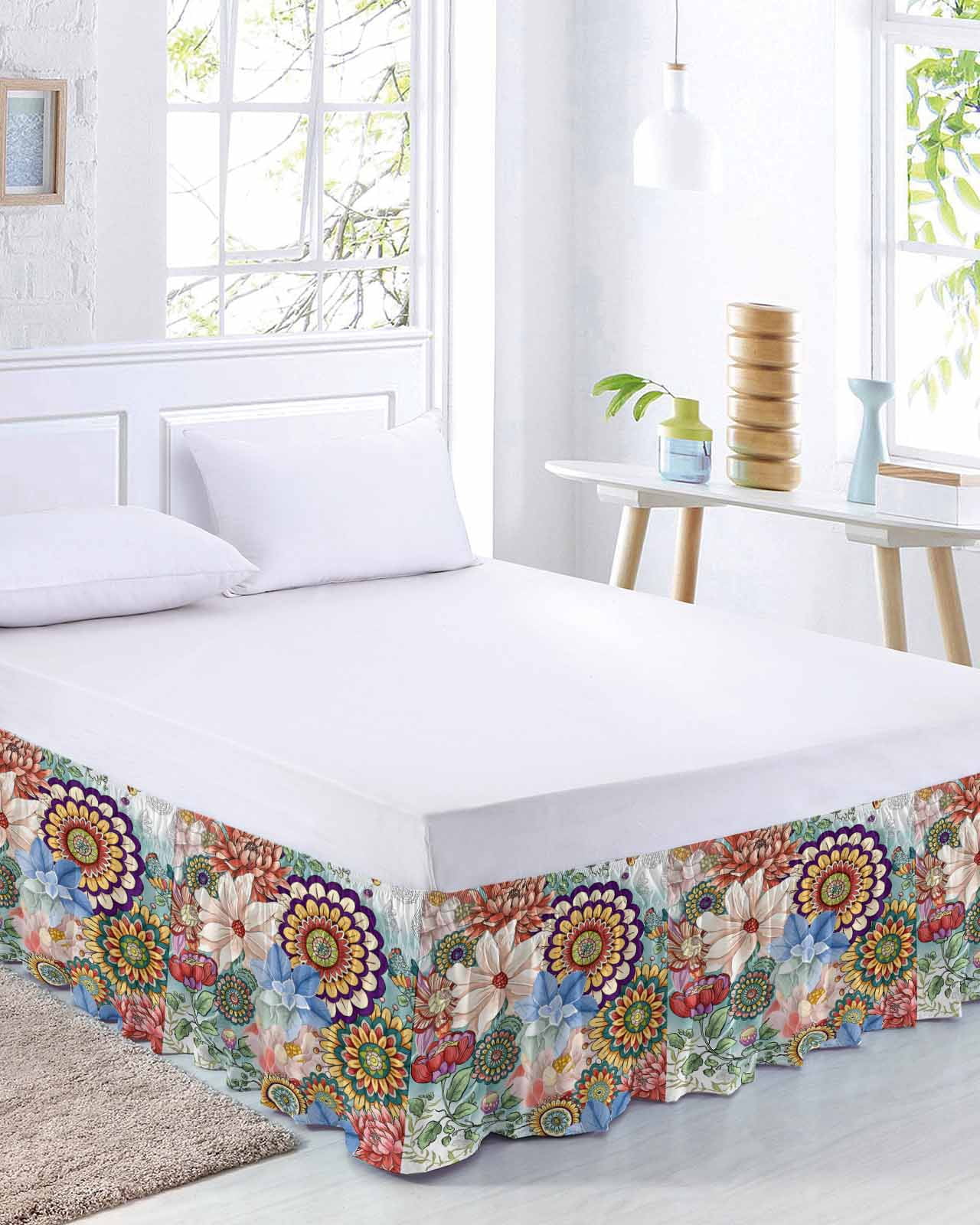 Boho Floral Bed Skirt Queen Size, Bohemia Colorful Mandalas Botanical Flower Wrap Around Bed Skirting with Adjustable Elastic Strap, Dust Ruffle Pleated Bedskirts 16 Inch Drop for Bedroom Queen Beds