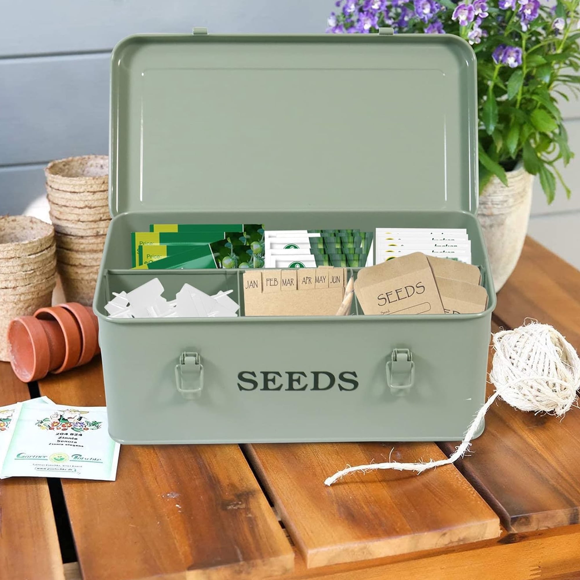 Pethiy Moisture-Proof Seed Storage Box, 4-Compartment Metal Organizer with Safety Lock, Lightweight Airtight Container for Garden Seed Packets & Envelopes - Green