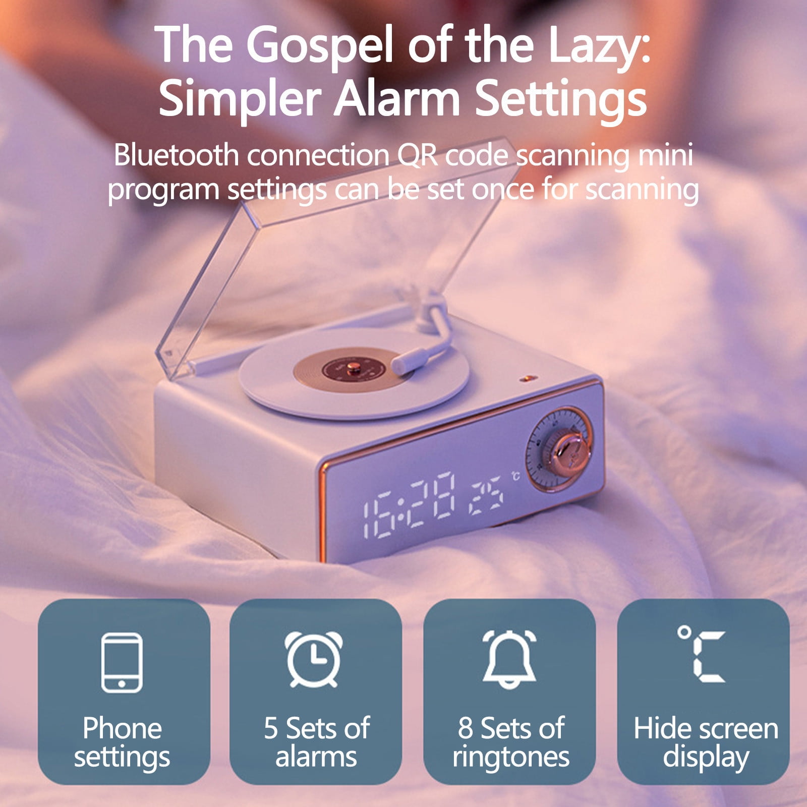 Foqnuq Vintage Bluetooth Speaker Alarm Clock Mini Portable Player Wireless Charging Retro Phonograph Audio for Travel Outdoor Home Use