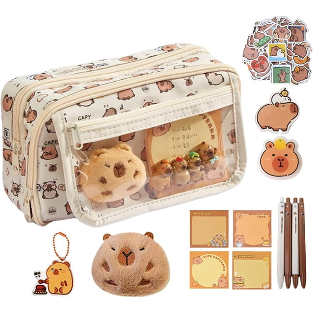 Estuche de Lápices de Peluche de Capibara Lindos - Bolsa de Amplia Apertura con 10 Calcomanías, 1 Pin, 1 Colgante, 1 Juguete de Peluche, 4 Bolígrafos de Capibara y 1 Bloc de Notas