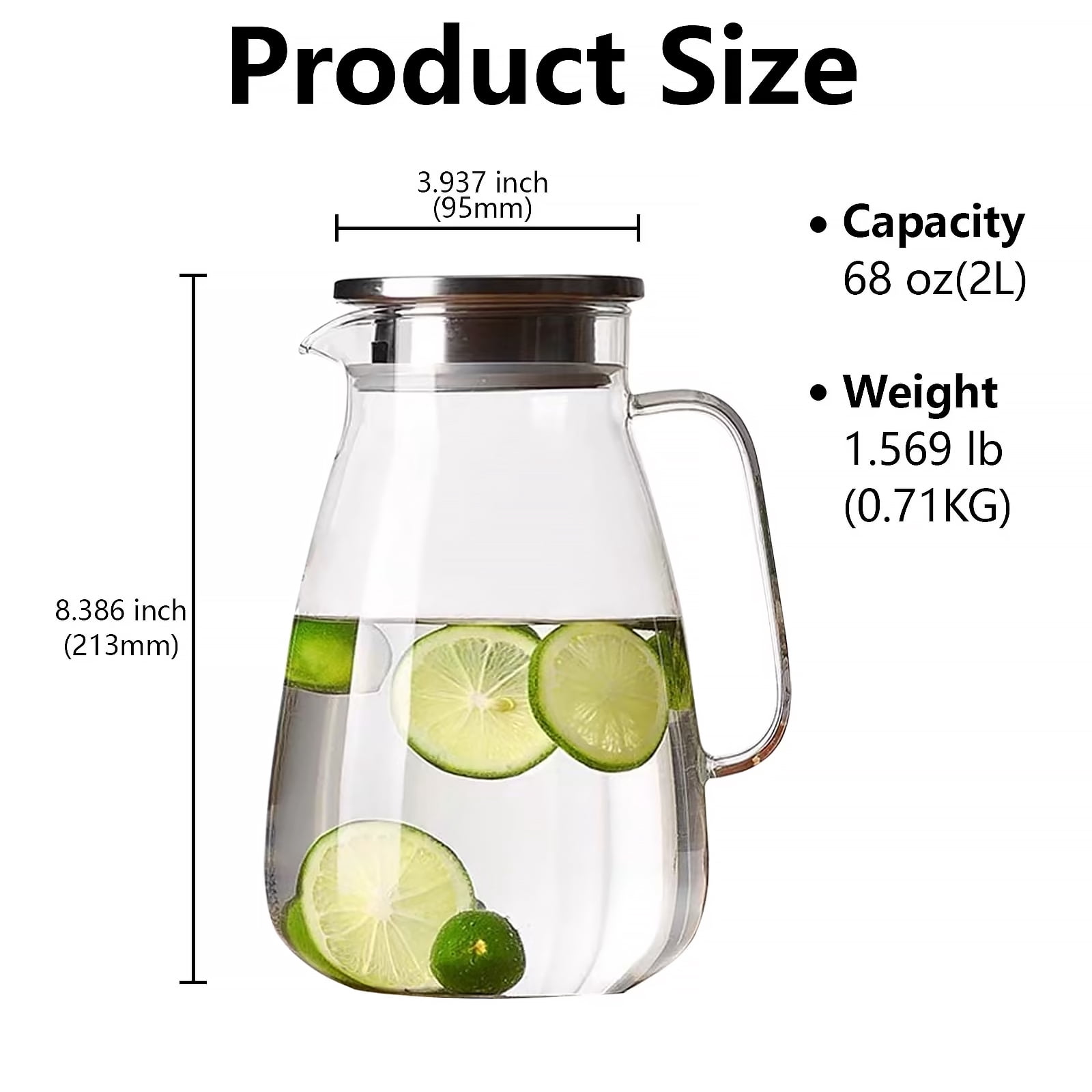 WhiteRhino 68oz Glass Pitchers with Stainless Steel Lid and Spout, Clear Glass Cold Water Pitcher for Beverage, Coffee,Juice,Sun Tea