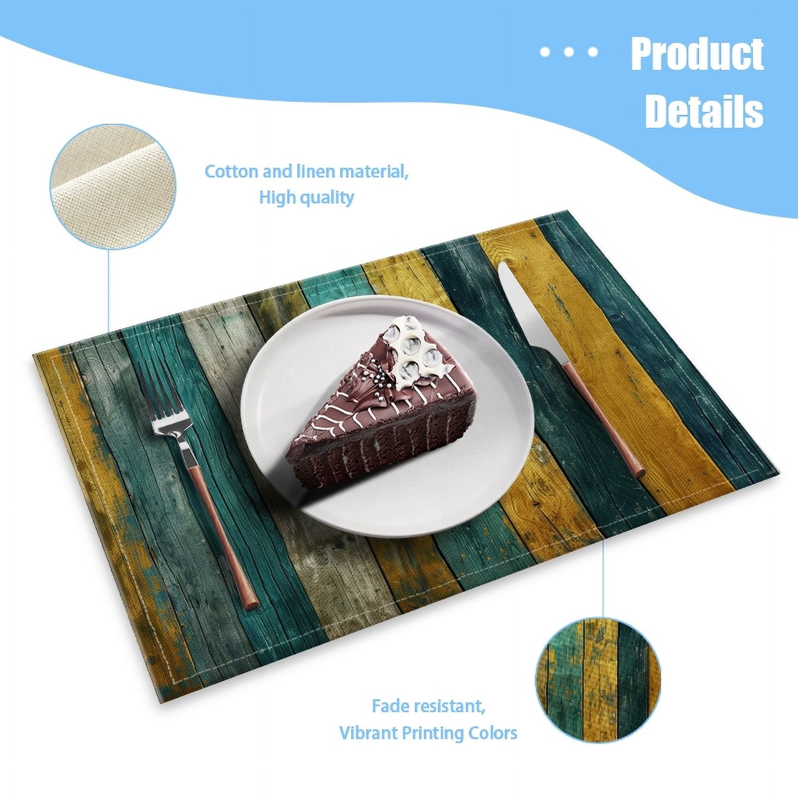 BaHomeck placemats Set of 4 Colorful Wooden Planks In Teal And Yellow Cotton Linen rectangle Placemats for Kitchen Dining Table Indoor,Outdoor,18*12inch