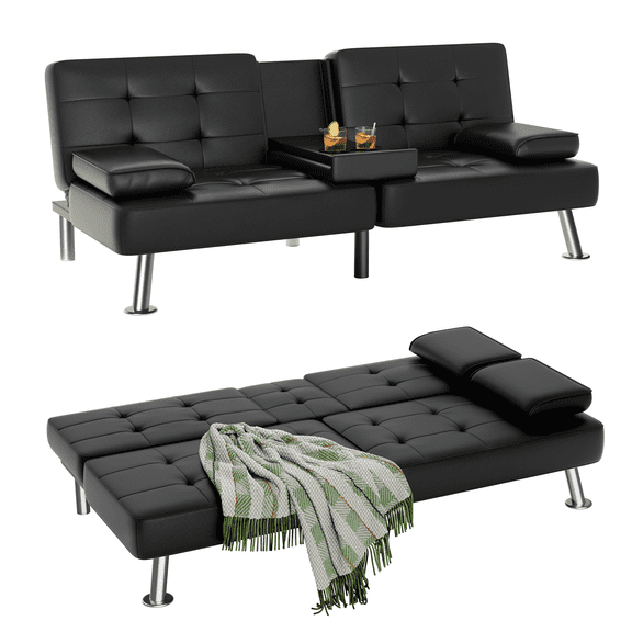 Vineego Modern Faux Leather Couch Convertible Folding Futon Sofa Bed with 2 Cup Holders,Black
