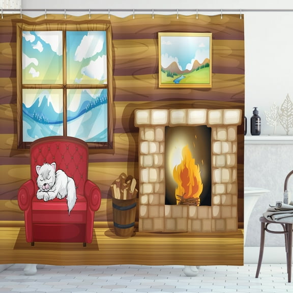 Fireplace Shower Curtain, Carton Illustration of Rustic Wooden House with Sleepy Cat on Sofa Winter Outside, Fabric Bathroom Set with Hooks, 69W X 70L Inches, Multicolor, by Ambesonne