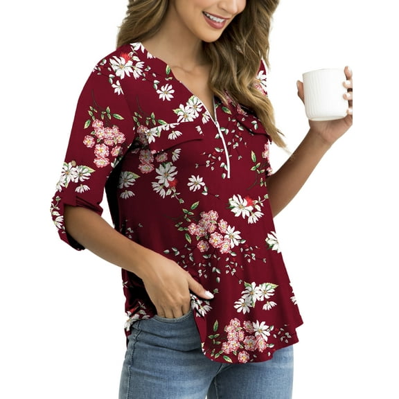 Traleubie Women's Plus Size Tops Zip Front V Neck 3/4 Sleeve Blouses Casual Tunic Shirts