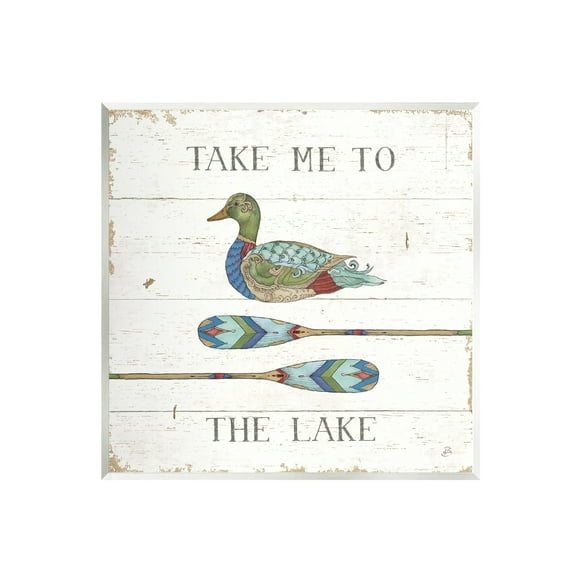 Stupell Industries Take Me To Lake Typography Patterned Duck & Ores Graphic Art Unframed Art Print Wall Art, Design by Daphne Brissonnet