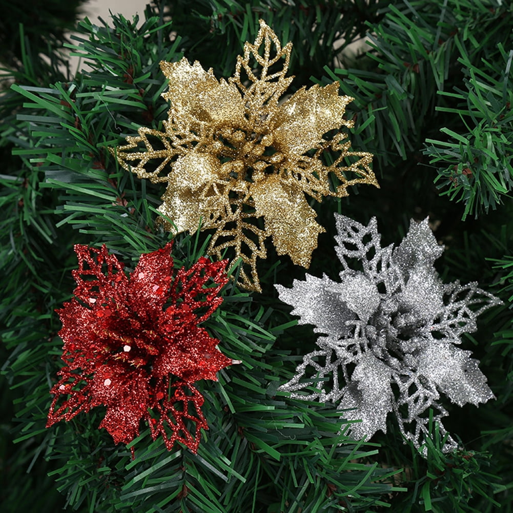 5PCS Christmas Decorations Glitter Flower Ornaments Xmas Tree Hanging Pendants 